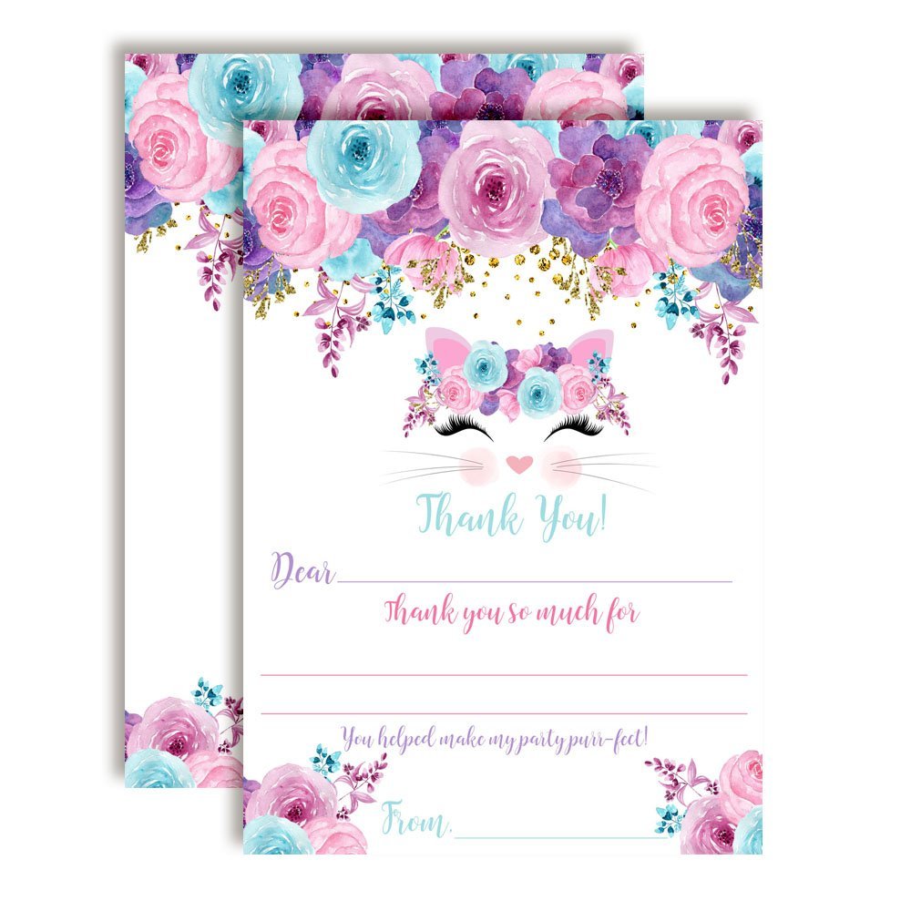 Floral Kitty Cat Face Thank You Cards