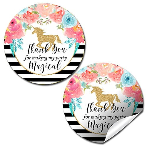 Watercolor Floral Unicorn Birthday Party Stickers