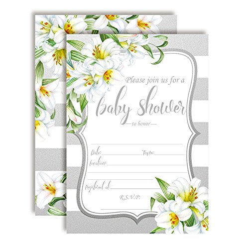 White Lily Floral Baby Shower Invitations