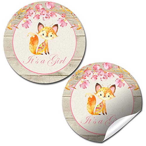 Watercolor Floral Woodland Fox Baby Shower Stickers (Girl)