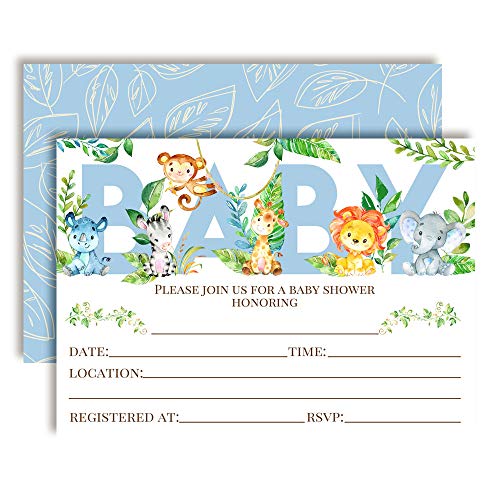 Watercolor Jungle Animals Baby Shower Invitations (Boy)