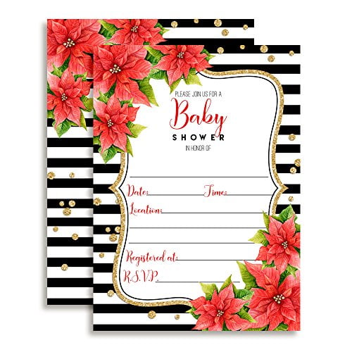 Watercolor Poinsettia with Stripes Christmas Baby Shower Invitations