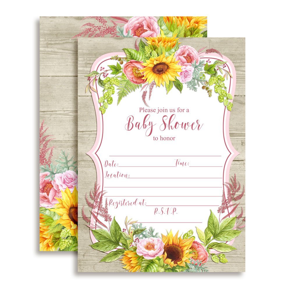 Sunflower & Peony Floral Baby Shower Invitations