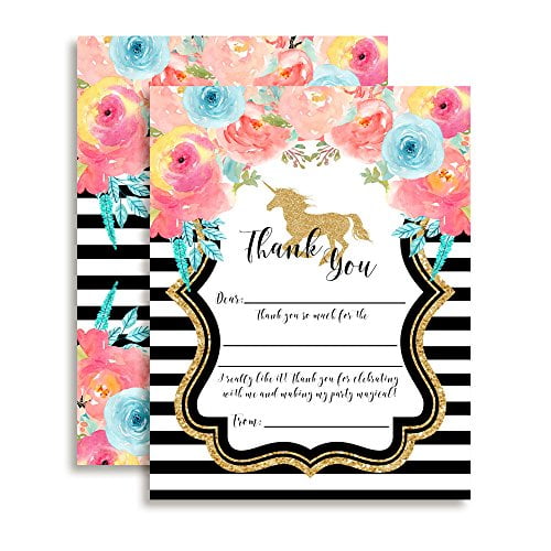 Floral Gold Unicorn Thank You Cards