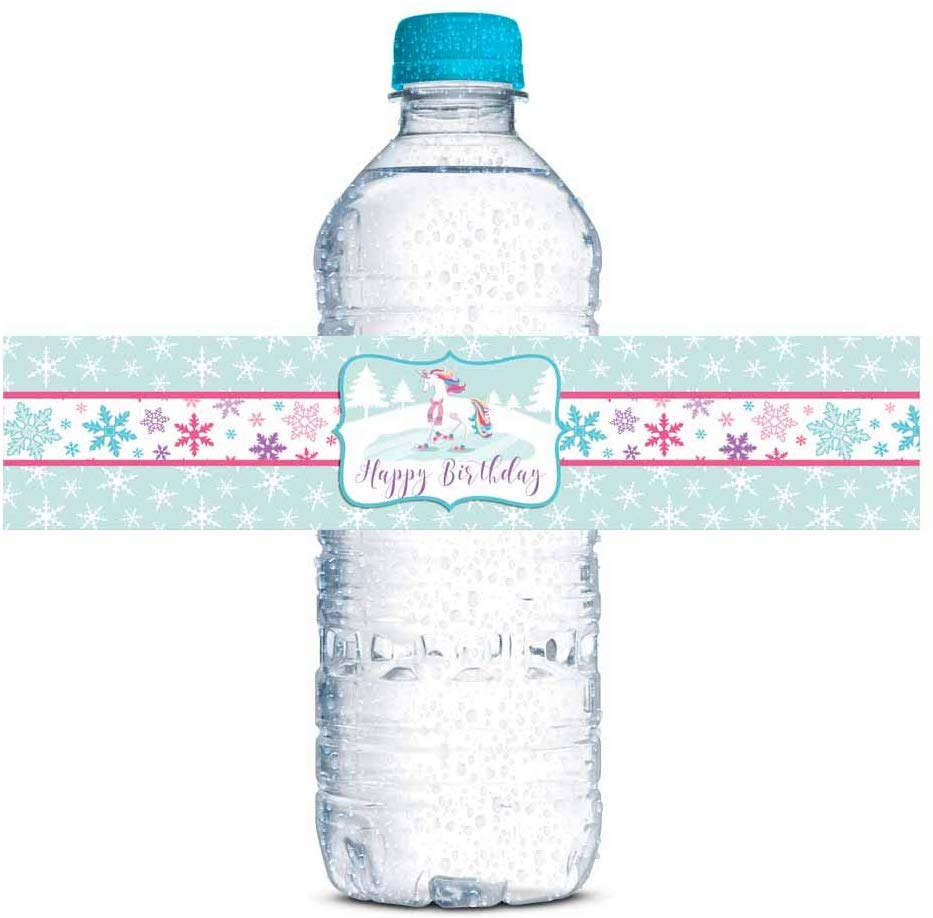 Ice Skating Unicorn Birthday Party Water Bottle Labels