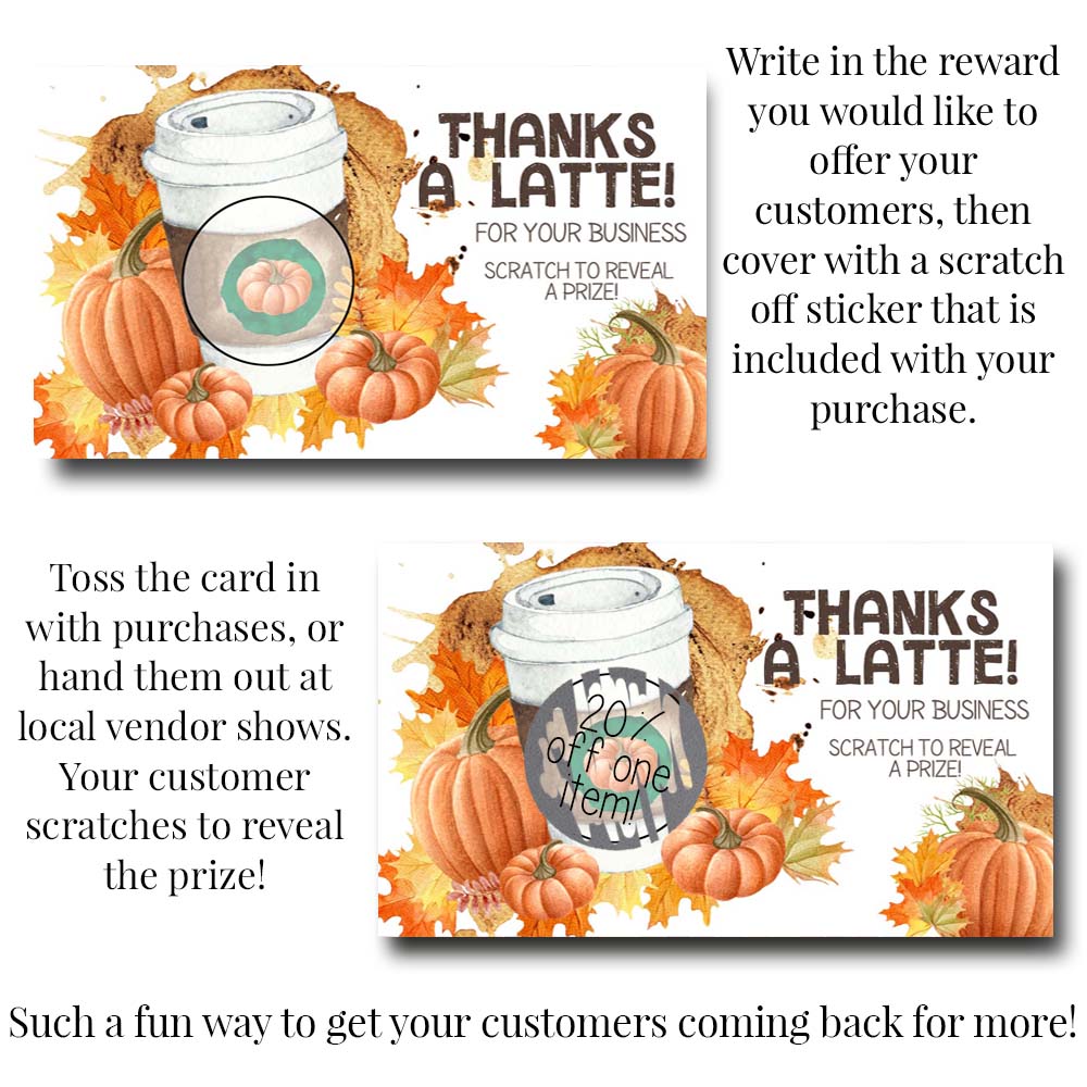 Funny Thanks A Latte Pumpkin Spice Coffee Small Business Scratch Off Game Cards